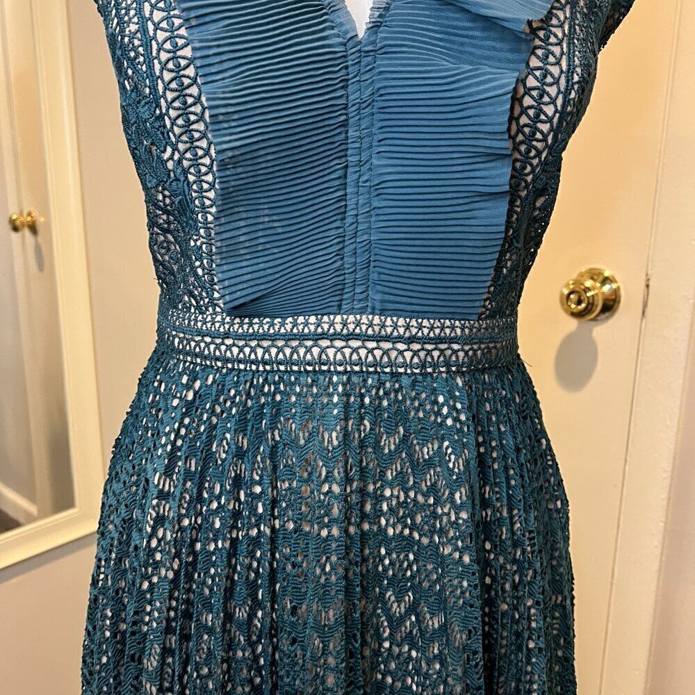 French Connection Teal Orabelle Lace Fit & Flare Ruffle Midi Dress, Size 6 - Picture 6 of 16